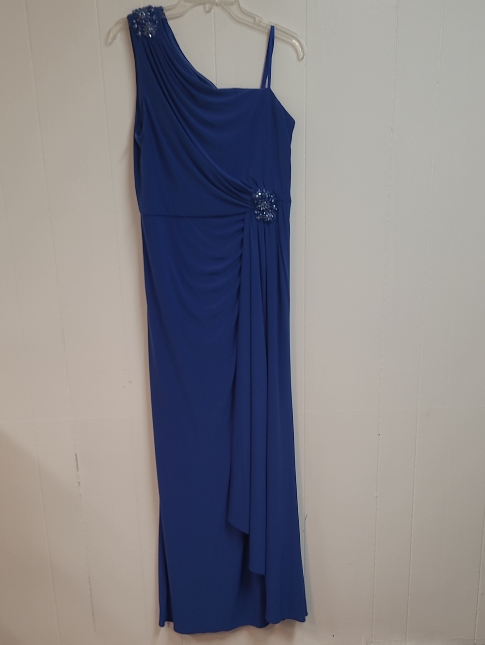 Adrianna Papell One-Shoulder Brillant Sapphire Gown Size 14 Sparkly Accents - Picture 12 of 13